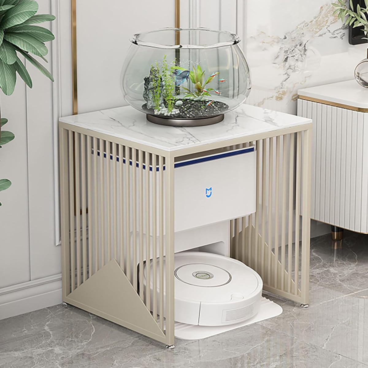Robot Vacuum Hidden Cabinet,Storage Rack Above The Sweeping Robot,Multi-Functional Fish Tank Stand,Metal Household End Side Table for Bedroom Dorm Room Balcony Hallway(Cream,50*50*65cm/20*20*26