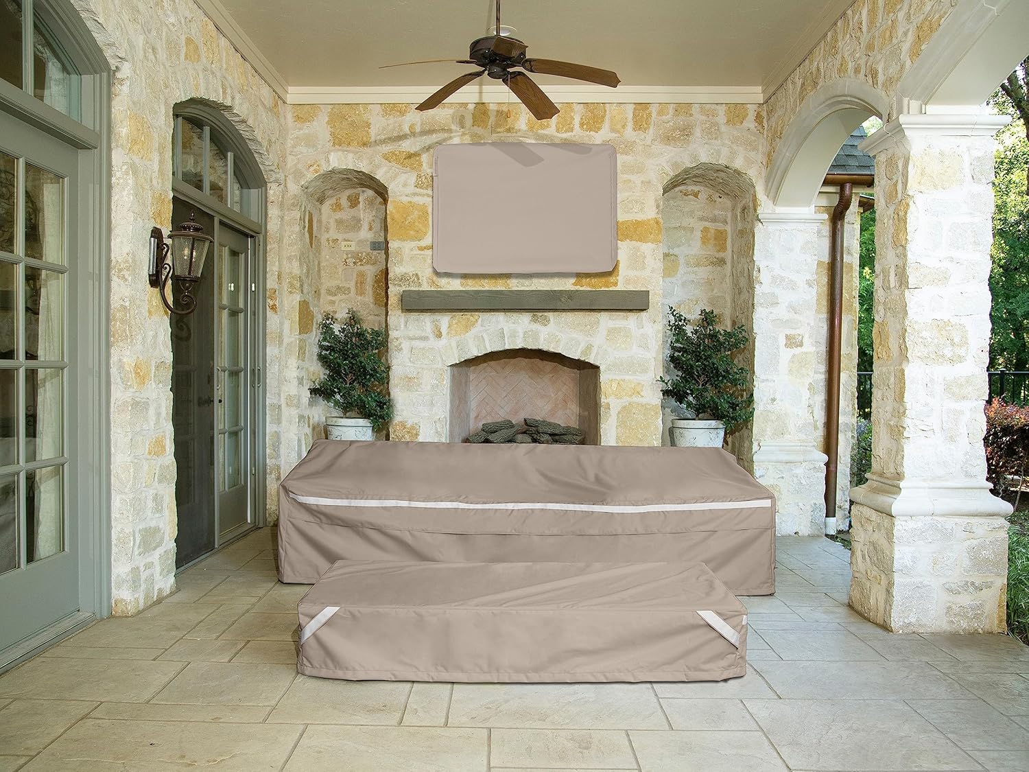 Covermates Rectangular Firepit Cover - Premium Polyester, Weather Resistant, Drawcord Hem, Fire Pit Covers, Rectangular 72W x 42D x 35H, Clay