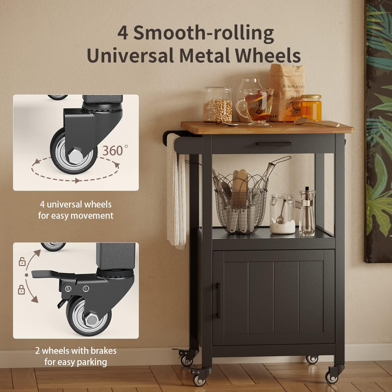 Kitchen Island on Wheels with Drawer, Storage Cabinet, Shelf and Side Hook, Rolling Kitchen Cart with Rubber Wood Countertop, Microwave Cart for Small Space, Black