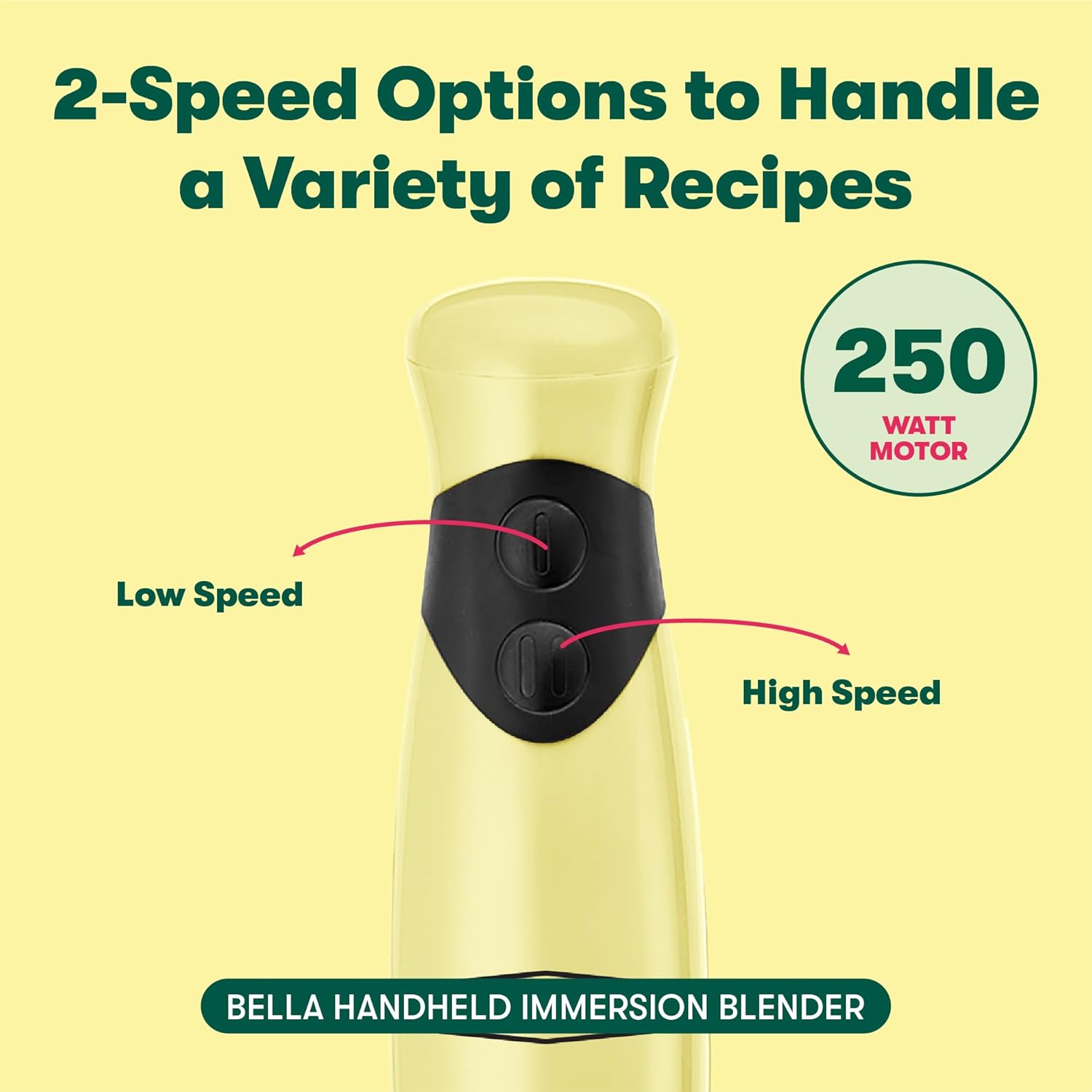 BELLA 2-Speed Hand Immersion Blender with Whisk Attachment, 250 Watt, Yellow, Immersion Blender with Dishwasher Safe Whisk & Blending Attachments for Food Prep (17577)