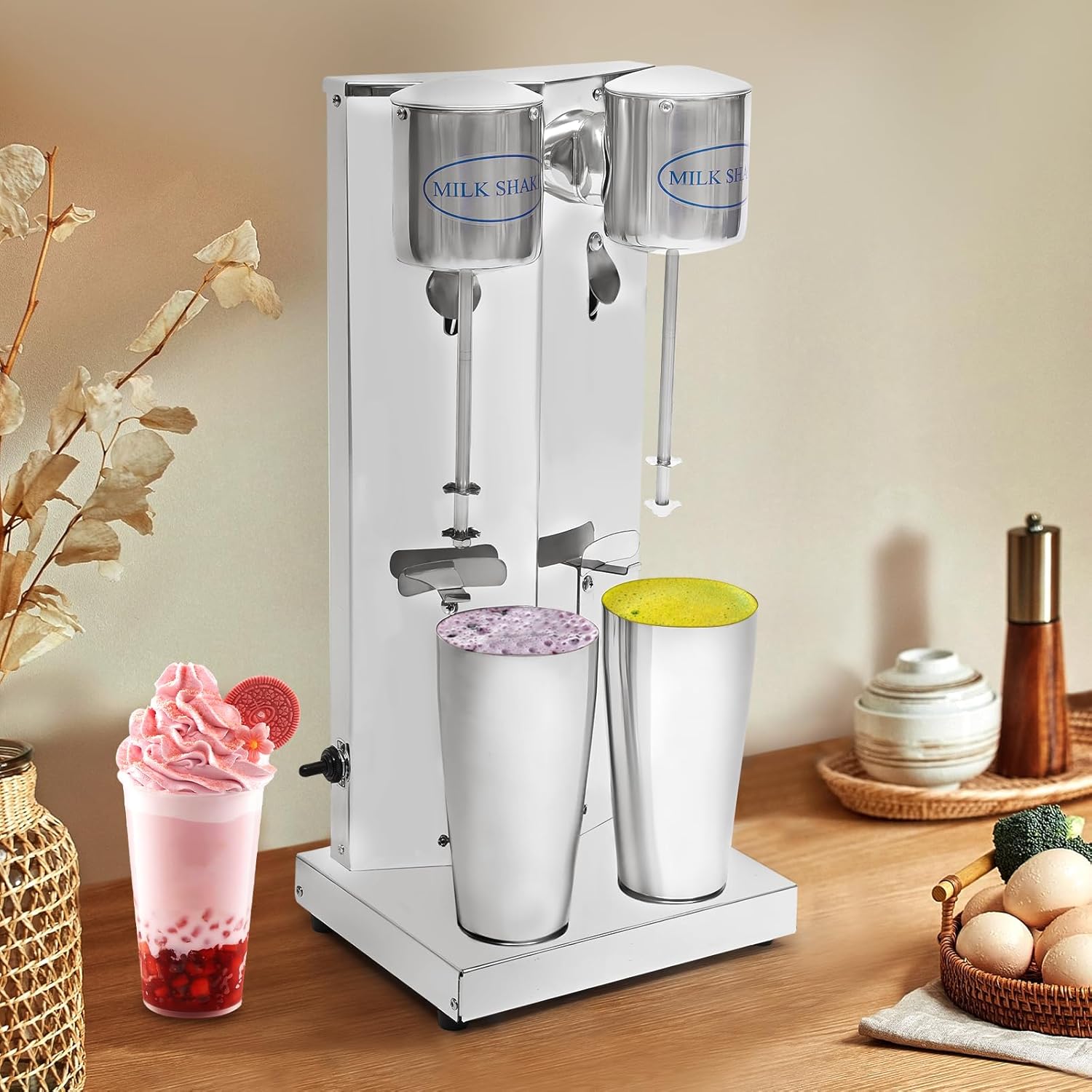 Electric Milkshake Maker Machine, Stainless Steel Milk Mixer Blender, Double Head Malt Blender, Drink Mixer, 110V 360W Commercial Smoothie Mixer (2 Head)