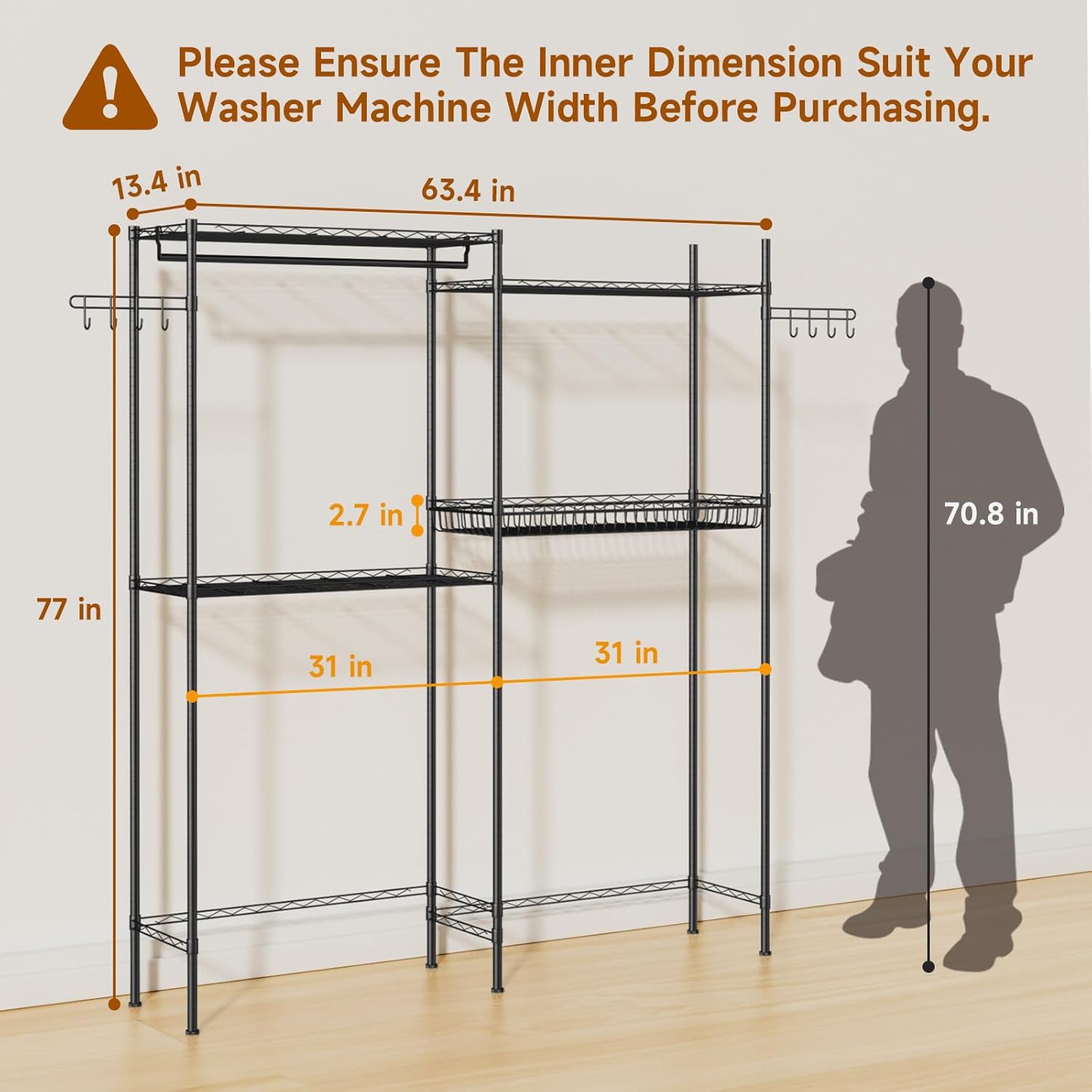 Over Washer and Dryer Storage Shelves, 4 Tiers Standing Clothes Drying Rack with Basket, Hanger Rod & Hooks for Laundry Room Storage Organization, Black