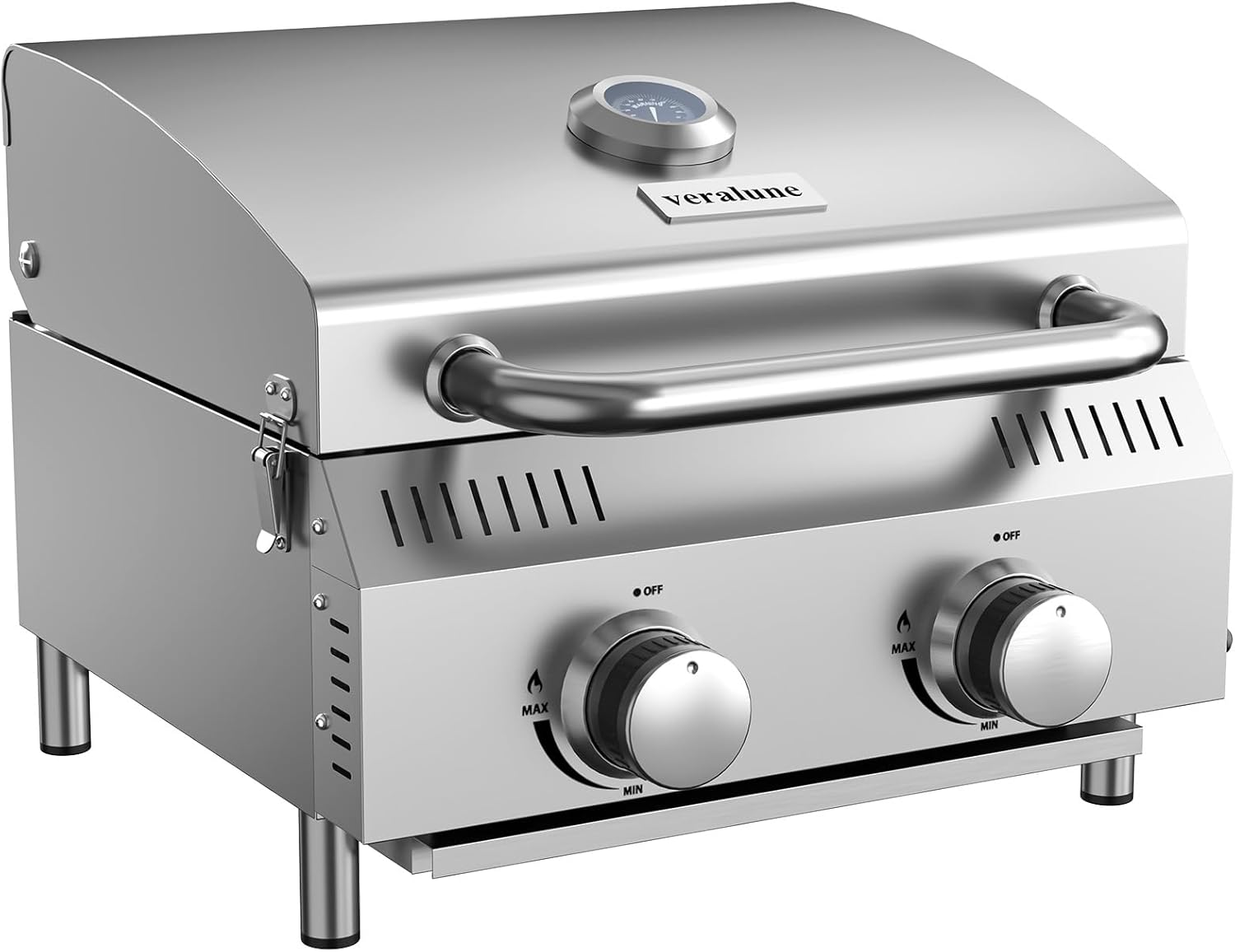 Veralune 2 Burner Tabletop Gas Grill, 20,000 BTUs Stainless Steel Portable Propane Grill with Legs, Built-in Thermometer, Travel Locks for Tailgating, Outdoor, Camping, RV Trips
