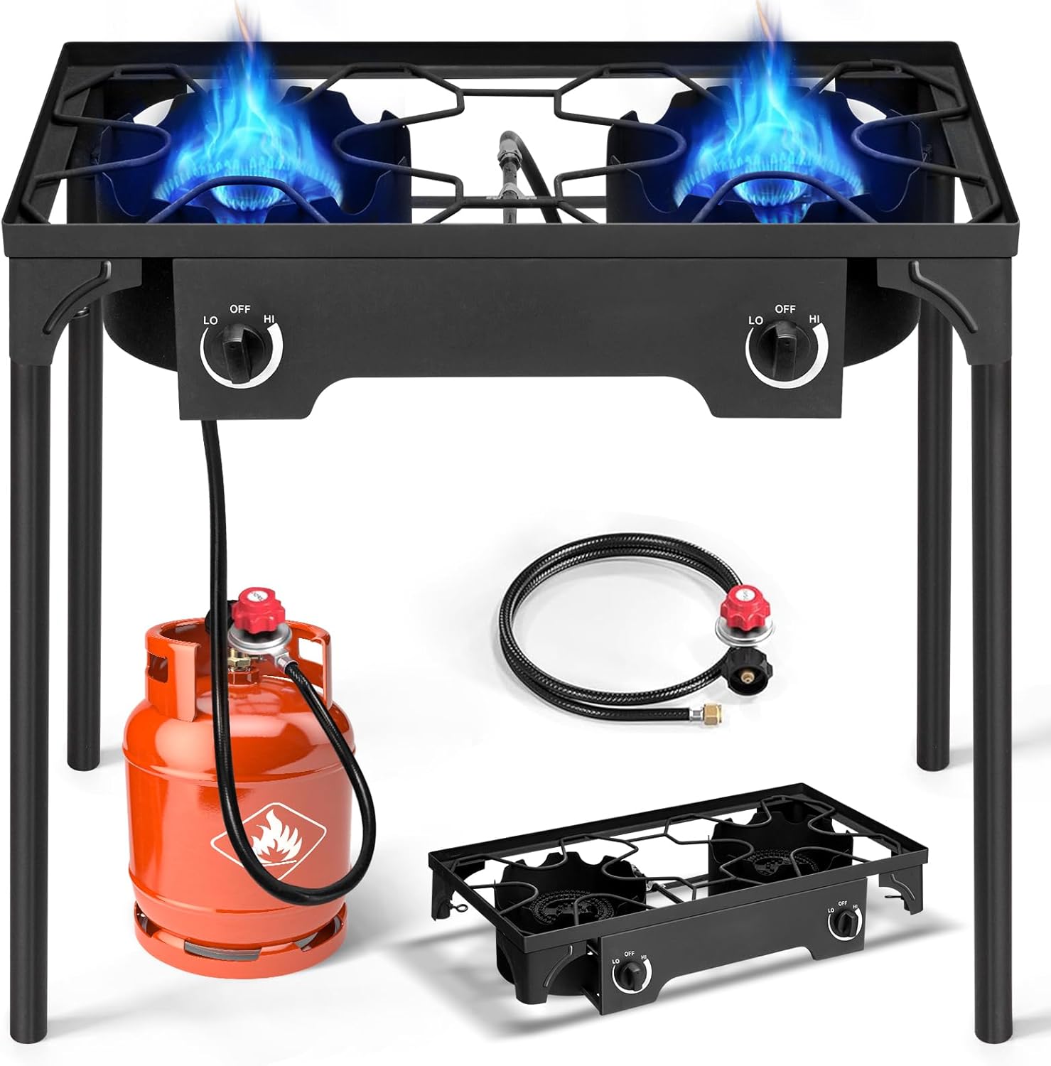 Outvita 2 Burner Propane Gas Stove for Outdoor Cooking, 150,000 BTU Camping Cooker with Detachable Legs Stand for Backyard Cooking BBQ Baking Turkey Frying