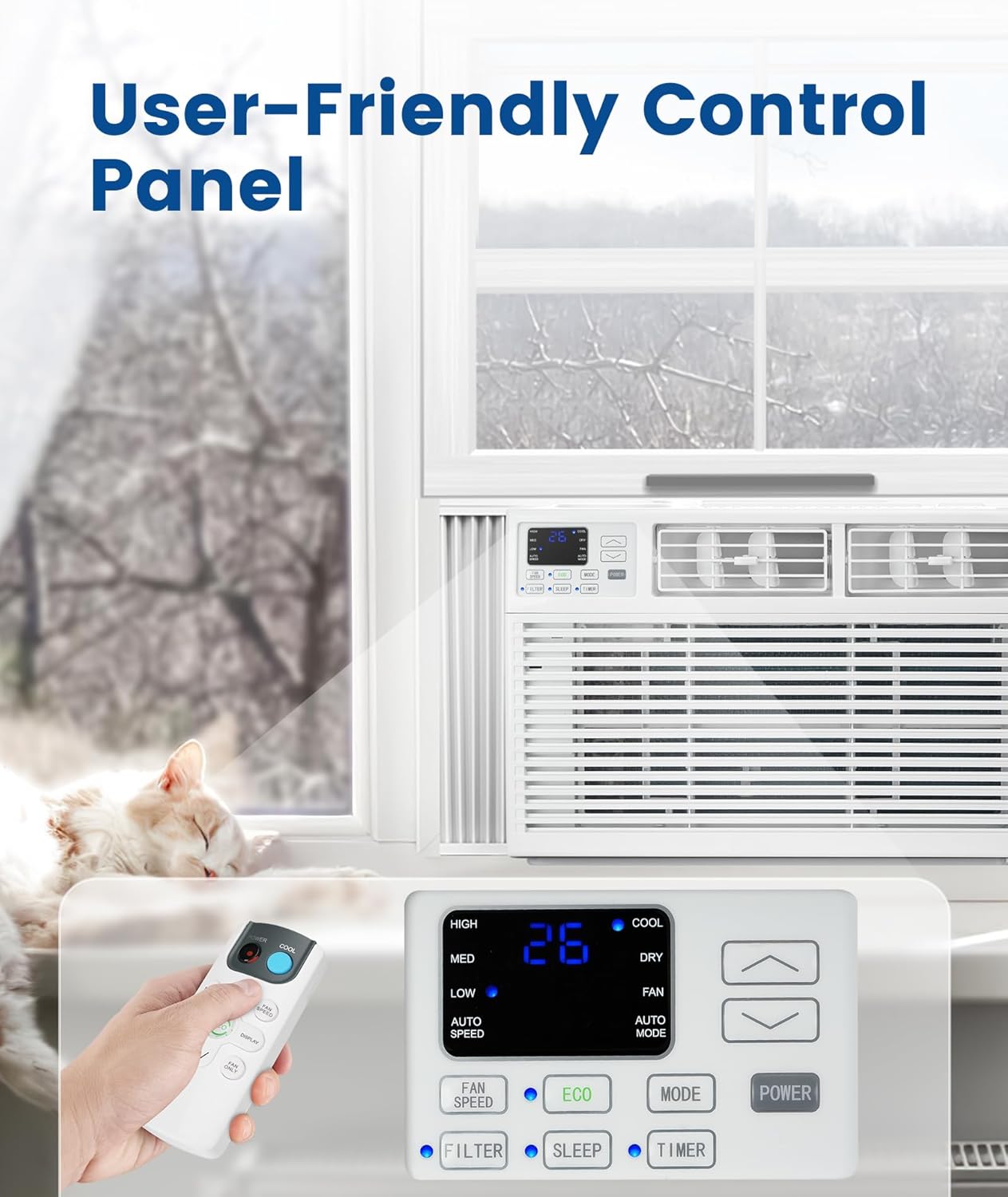 COWSAR 10000BTUs Window Air Conditioner, Window AC Unit Cooling up to 450sq.ft, 4 Modes and 3 Fan Speeds, 24H Timer, Remote Control, Quiet Operation, Reusable Filter