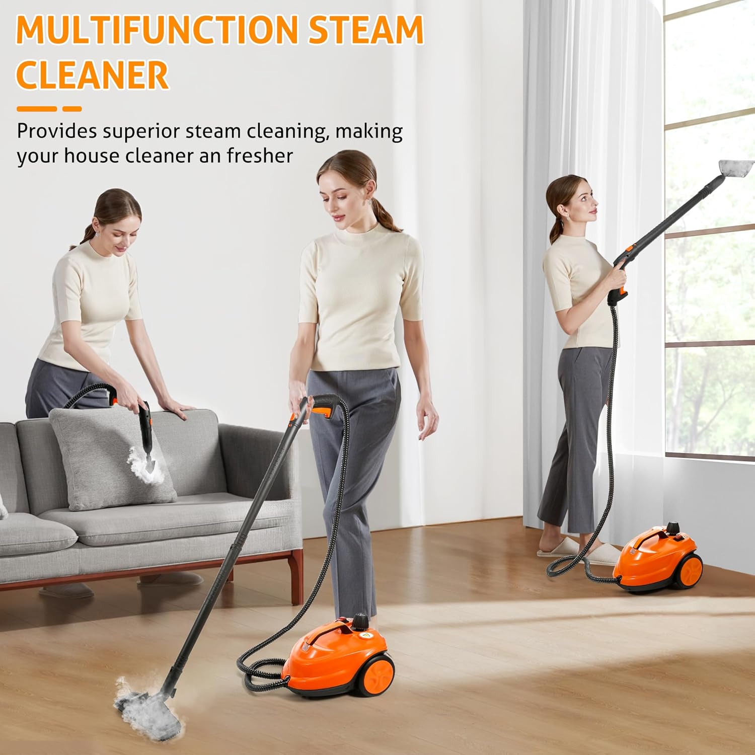 WICHEMI Steam Cleaner with Extension Pole, 71 oz, Steam Cleaner for Home, Adjustable Steam Pressure, 26 Accessories, Handheld Steam Cleaner for Walls, Gaps, Hard Floors, and Tiles