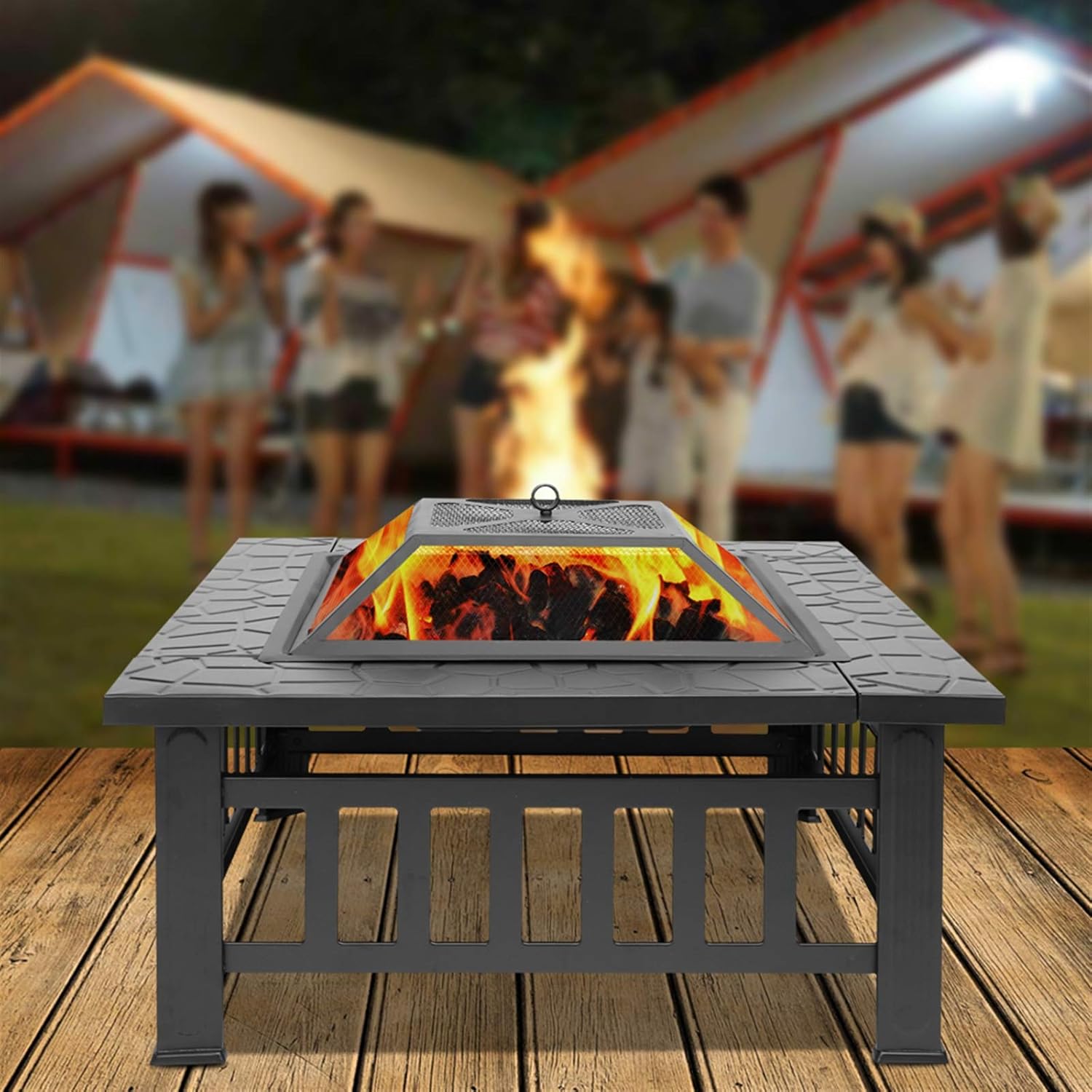 (32 x 32 x 14) Inch Fire Pit Wood Burning Square Table, Yard Outdoor Bonfire Fire Tables Steel Fire Pit Bowl with Spark Screen Cover, for Patio Bonfire Camping Backyard