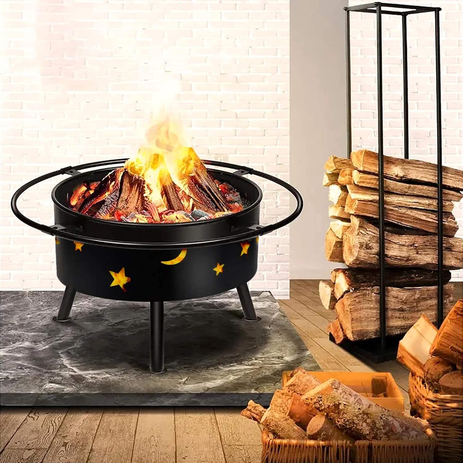 30inch Outdoor Fire Pit Bowl,Wood Burning Firepit w/Mesh Spark Screen Cover, Bonfire Heating Basin for Backyard,Garden,Patio
