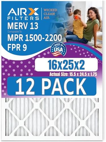 16x25x2 Air Filter MERV 13 Rating, 12 Pack of Furnace Filters Comparable to MPR 1500-2200 & FPR 9 - Made in USA by AIRX FILTERS WICKED CLEAN AIR.