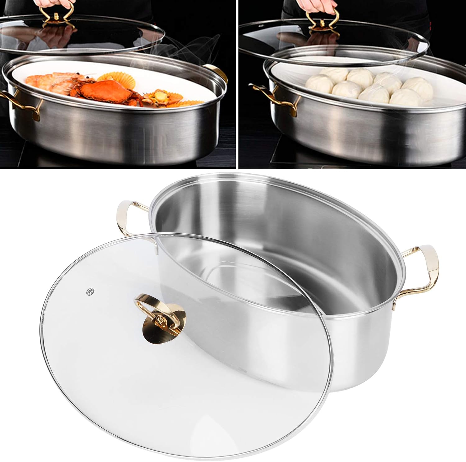 Stainless Steel Oval Fish Steamer, Multi Use Cookware with Rack Kitchen Steam Pot and Lid Home Roasting Pan Plate Small Kitchen Appliances Stockpot for Vegetable Steaming Boiling Soup Roast Turkey