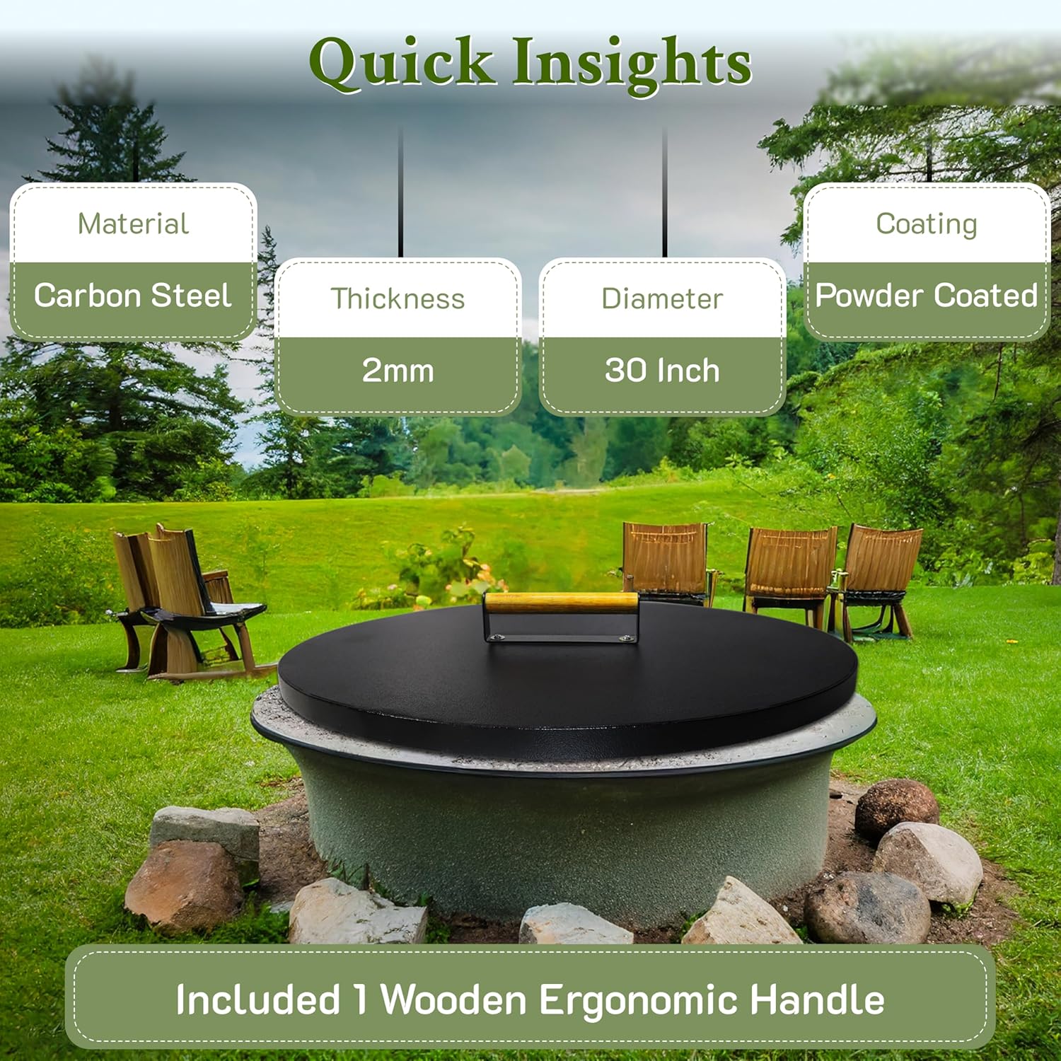 30” firepit lid Round for Inside up to 28” Gas fire Pit lid for Outdoor Fireplace Cover Lid - Steel fire Pit Metal Cover with Wooden Handle & Powder Coated Snuffer Lid for Round Patio Fire Pit Ring