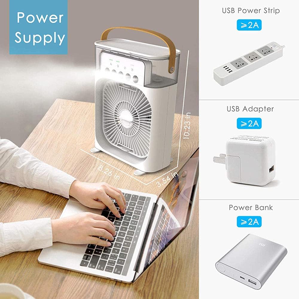 Portable Air Conditioner Fan Usb Desk Fan Mini Evaporative Air Cooler Fan with 7 Colors Lights Personal Air Cooler with Timer-White