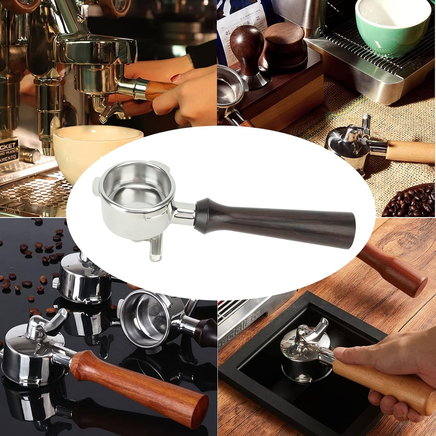 Stainless Steel Coffee Portafilter, Solid Double Spouts Basket Portafilter, Exquisite Portafilter with Wood Handle for most Coffee Machines (F Sandalwood)