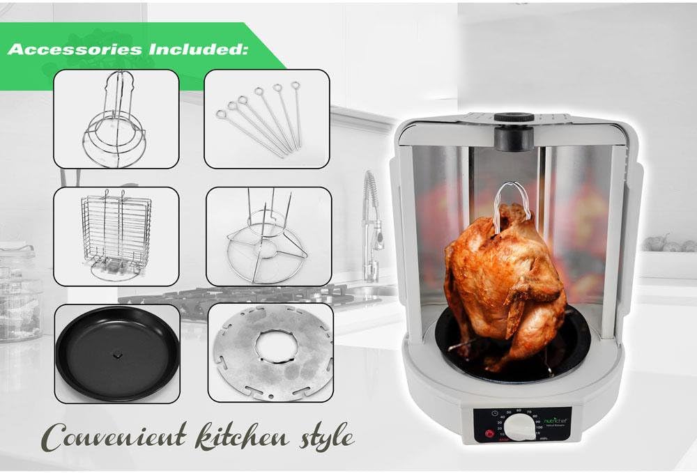 NutriChef Vertical Rotisserie Oven Roaster – Electric Shawarma & Kebab Machine with Skewers, Basket Tower, Poultry Rack, Drip Tray – For Chicken, Turkey, Lamb, Beef – (White)