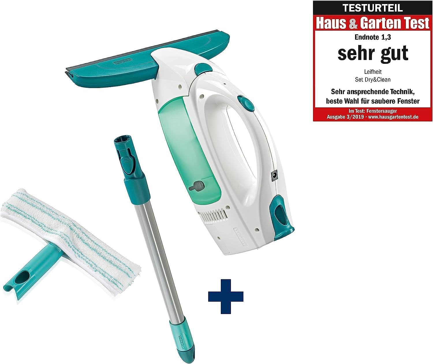 Leifheit Window Vacuum Cleaner Dry&Clean, Modular with Unique Handle System and Intelligent Standby, Window Cleaner, Battery-Powered, White Blue
