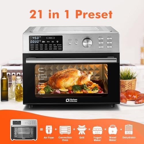 Kitchen in the box 32QT Extra Large Air Fryer Toaster Oven Combo, 21-in-1 Countertop Convection Toaster Oven with Rotisserie and Dehydrate, 6 Accessories, 1800W Dual Cook Preset (Silver)
