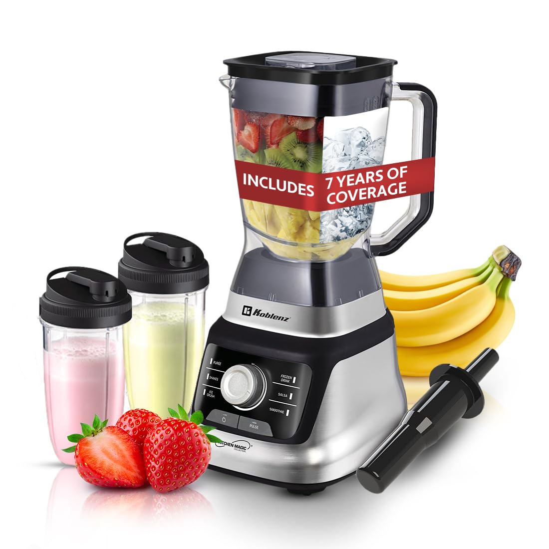 Koblenz Bob Blender, Countertop with Reversible motor, Speed Knob and 6 Functions, 1400-watt Motor, 68 oz. Capacity, Super Silent Operation, Includes 2 To-Go Cups and Tamper, Black/Chrome, LKM-9610
