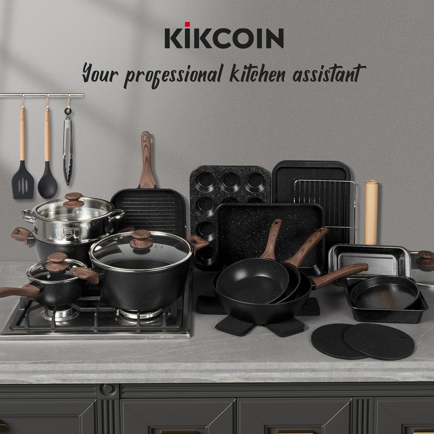 Kikcoin Pots and Pans Set Non Stick 31 Piece Kitchen Nonstick Cooking Cookware Sets with Grill Pan Saucepan Baking Sheet Utensil, Black
