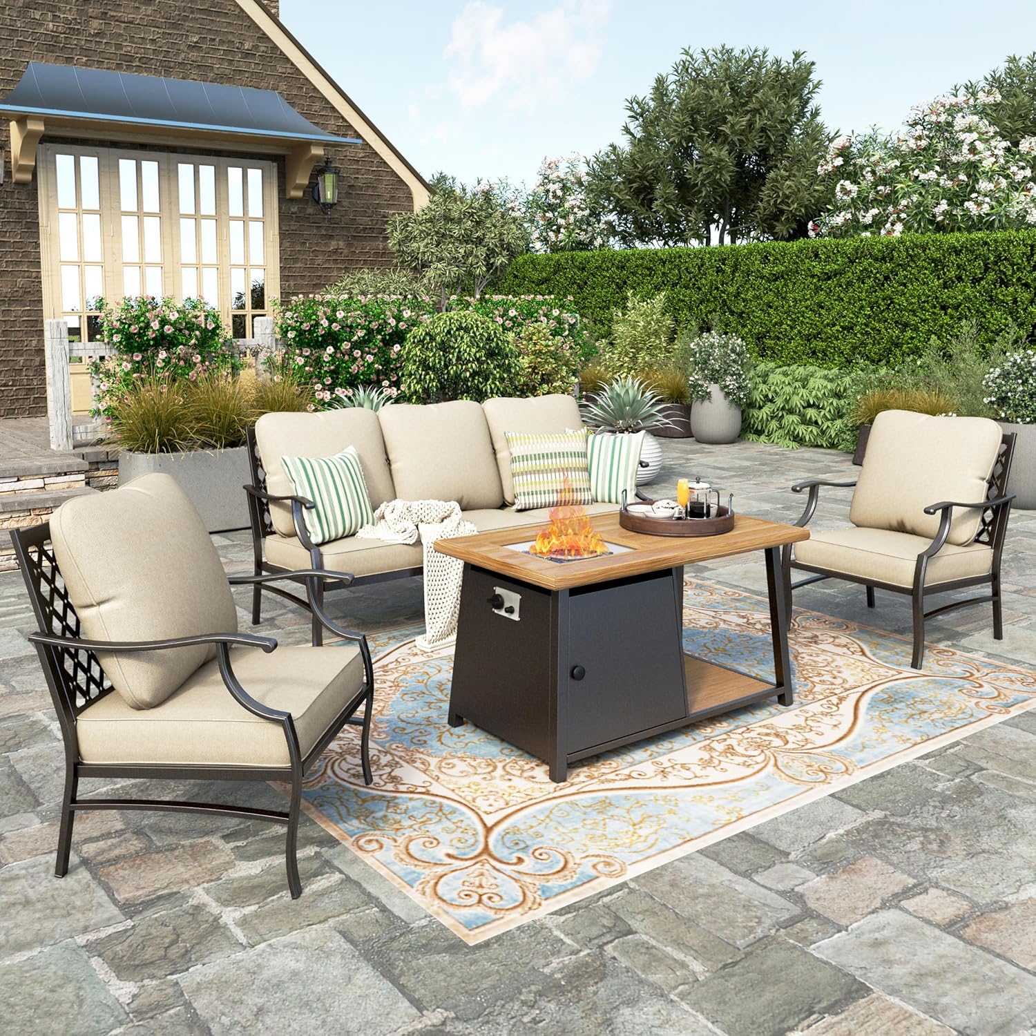 HERA'S HOUSE 4 Pieces Patio Fire Pit Furniture Set, 2 x Single Chair, 3-Seat Sofa with 46