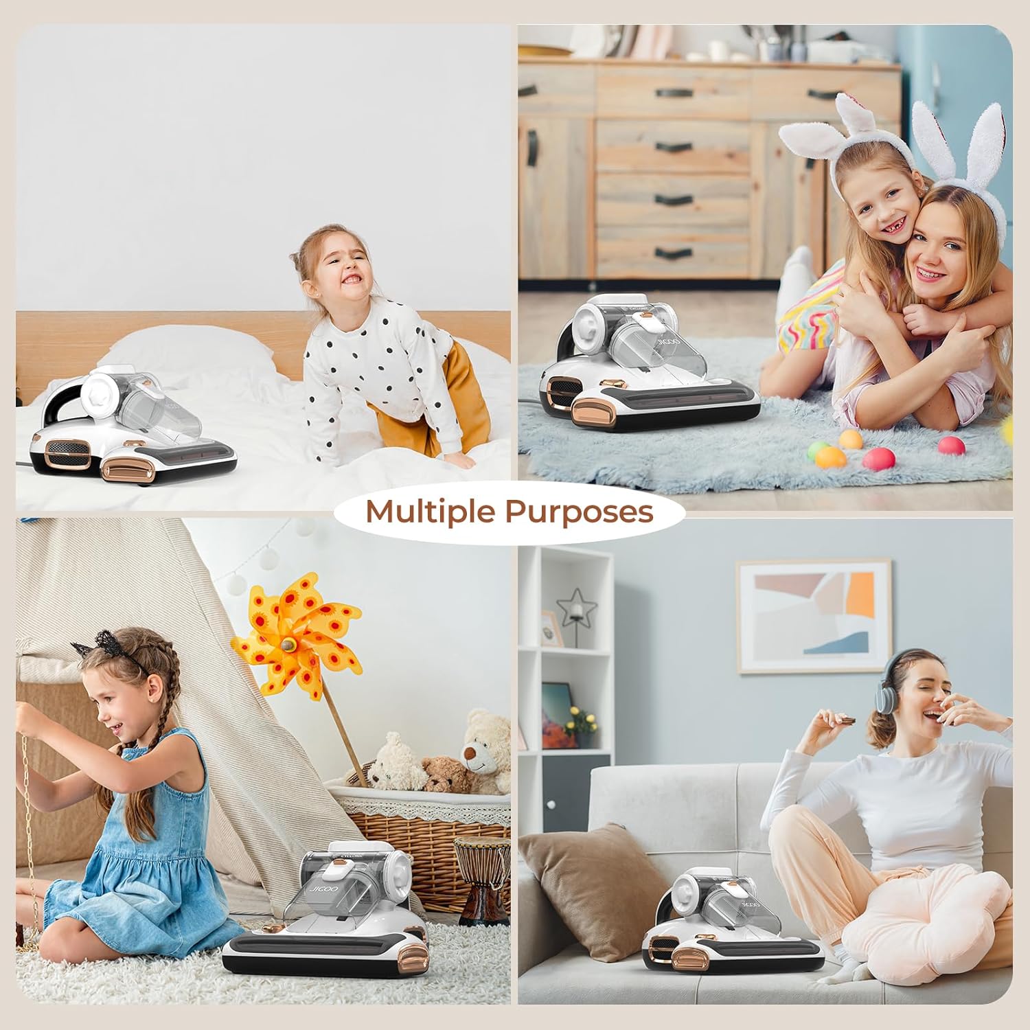 JIGOO T600 Mattress Vacuum Cleaner with UV-C Light, 15Kpa Suction 700W Powerful Double-Cup Handheld Vacuums, Bed Cleaner with Smart Dust Sensor, Ultrasonic, Heating Tech, MIF Filter, White