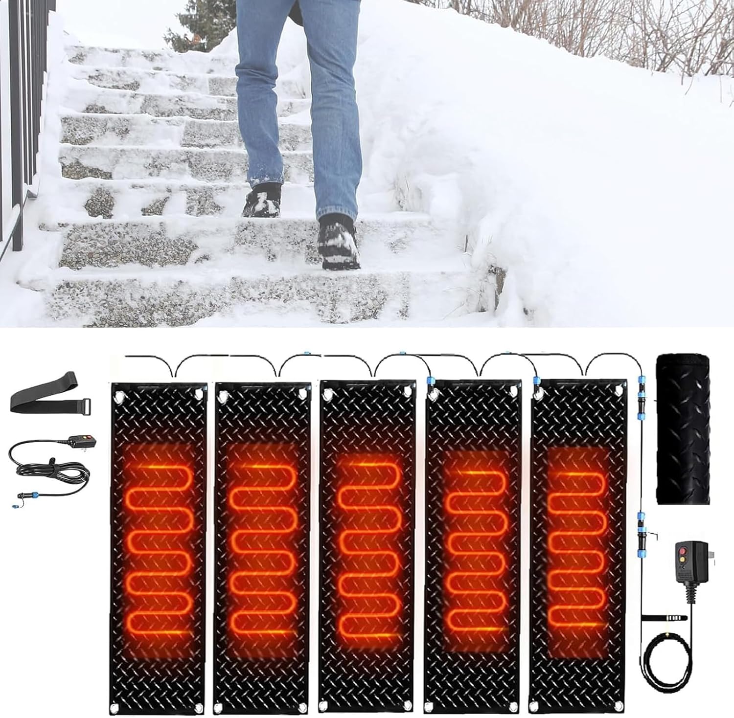 Heated mat for Snow, Heated Snow Melting mats for Stairs, Slip-Proof Entrances Walkway Mat, 2 in/h Melting Speed with Power Cord and Connecting line,5 Pcs-40x120cm/15.7x47in