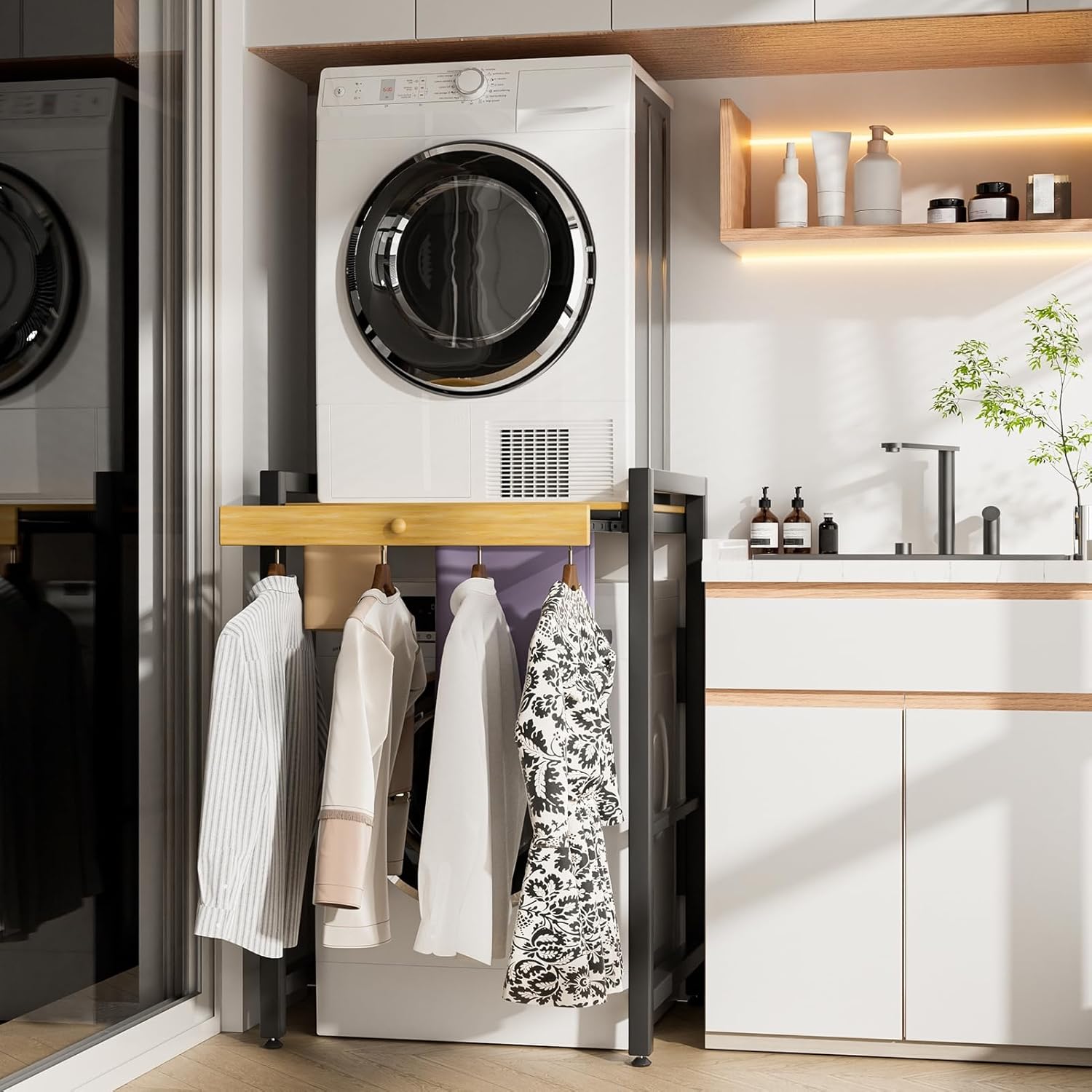 Washer and Dryer Stand, Dryer Stacker Rack with Pull Out Drying Rack, Stackable Shelf for Laundry Room, Bathroom, Heavy Duty, Height Adjustable, 660lbs Capacity Brown