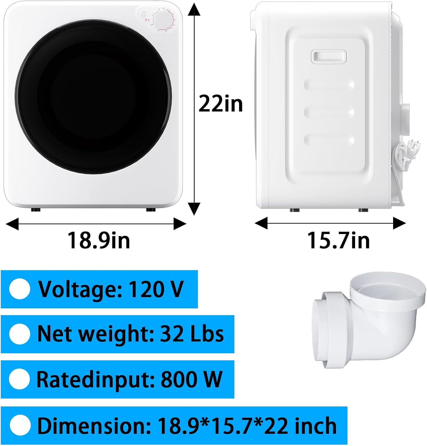 1.8 cu.ft Portable Clothes Dryer, 800W Compact Dryer with Stainless Steel Tub, 5 Modes Auto Stop & Easy Control Electric Dryers, Ideal for Laundry, Apartments, Dorms, RVs, White