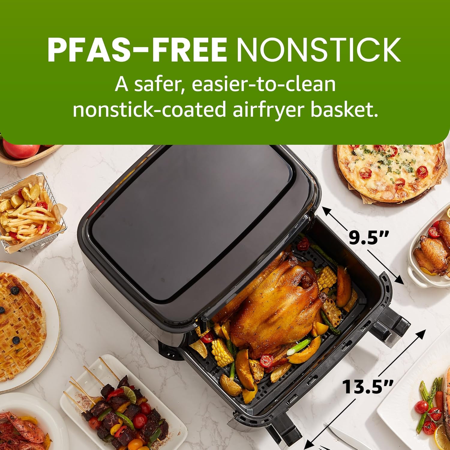 Elite Gourmet Dual Zone Air Fryer Oven, 11QT Capacity with Divider, PFAS Free Nonstick, SYNC FINISH, 10 Preset Functions, Bake, Roast, Broil, Air Fry, Toast, Dehydrate, 1600W, with 25 Recipes, Black