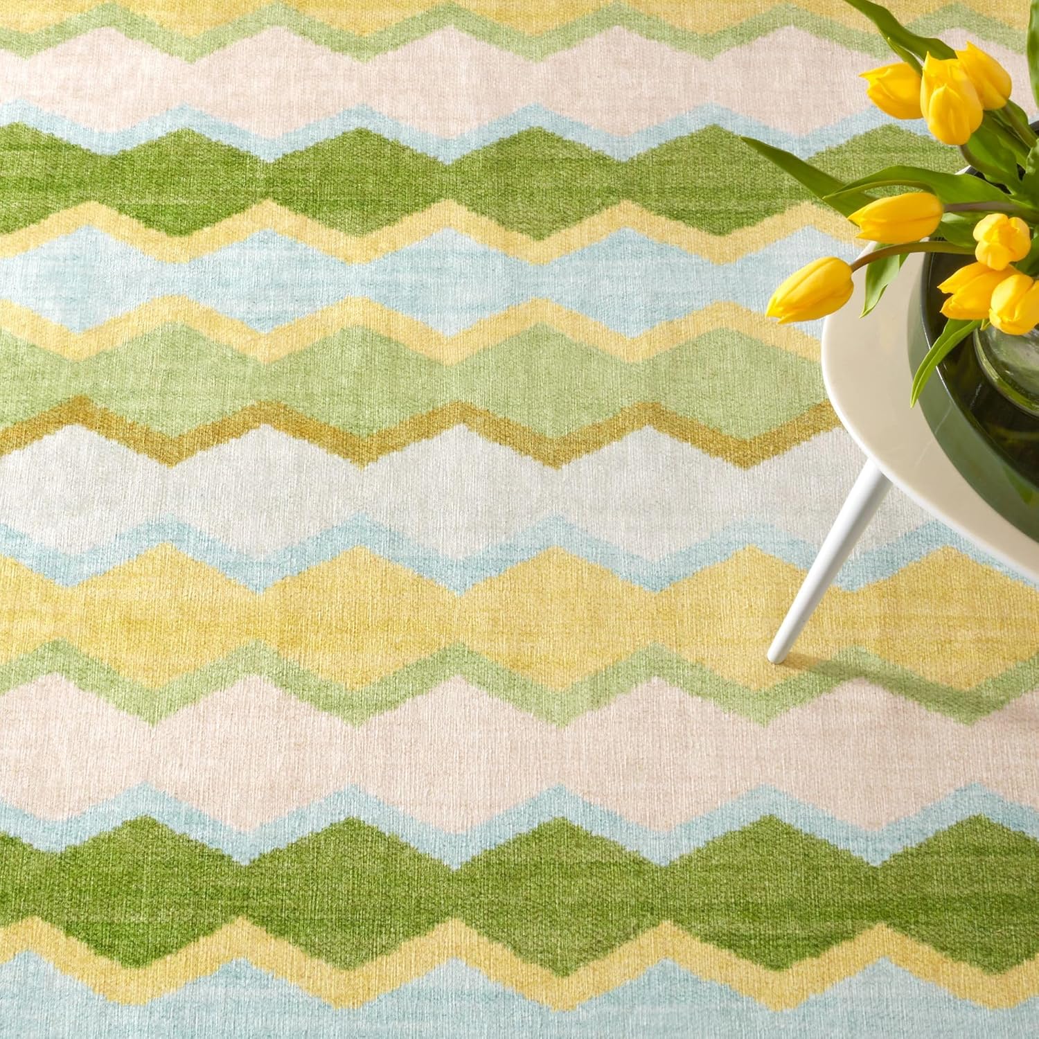 Dash & Albert x Kit Kemp Safety Net Green Machine Washable Rug, 2 X 3 Feet, Multi Geometric Pattern