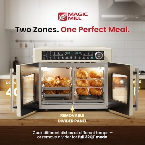 Magic Mill Ultra-Premium Dual-Zone Stainless Steel Air Fryer Toaster Oven Combo, Extra Large 32QT French Door Convection Oven with Next-Gen Patent Technology, 13 Accessories, Rotisserie, Sync Finish