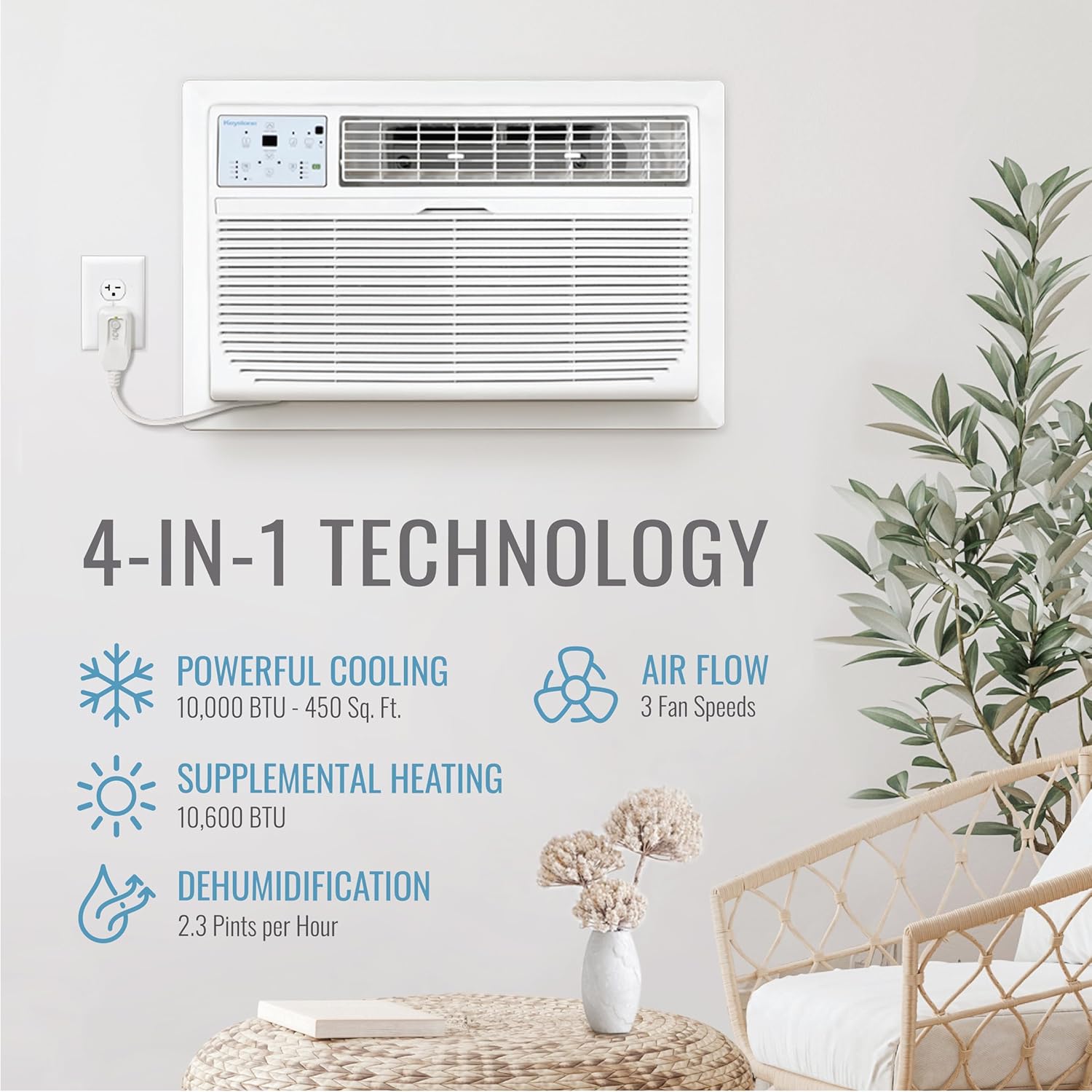 Keystone 10,000 BTU 230V Wall Mounted Air Conditioner with Supplemental Heat and Dehumidifier Function, Quiet Wall AC with Remote Control for Small and Medium Sized Rooms up to 450 Sq.Ft.