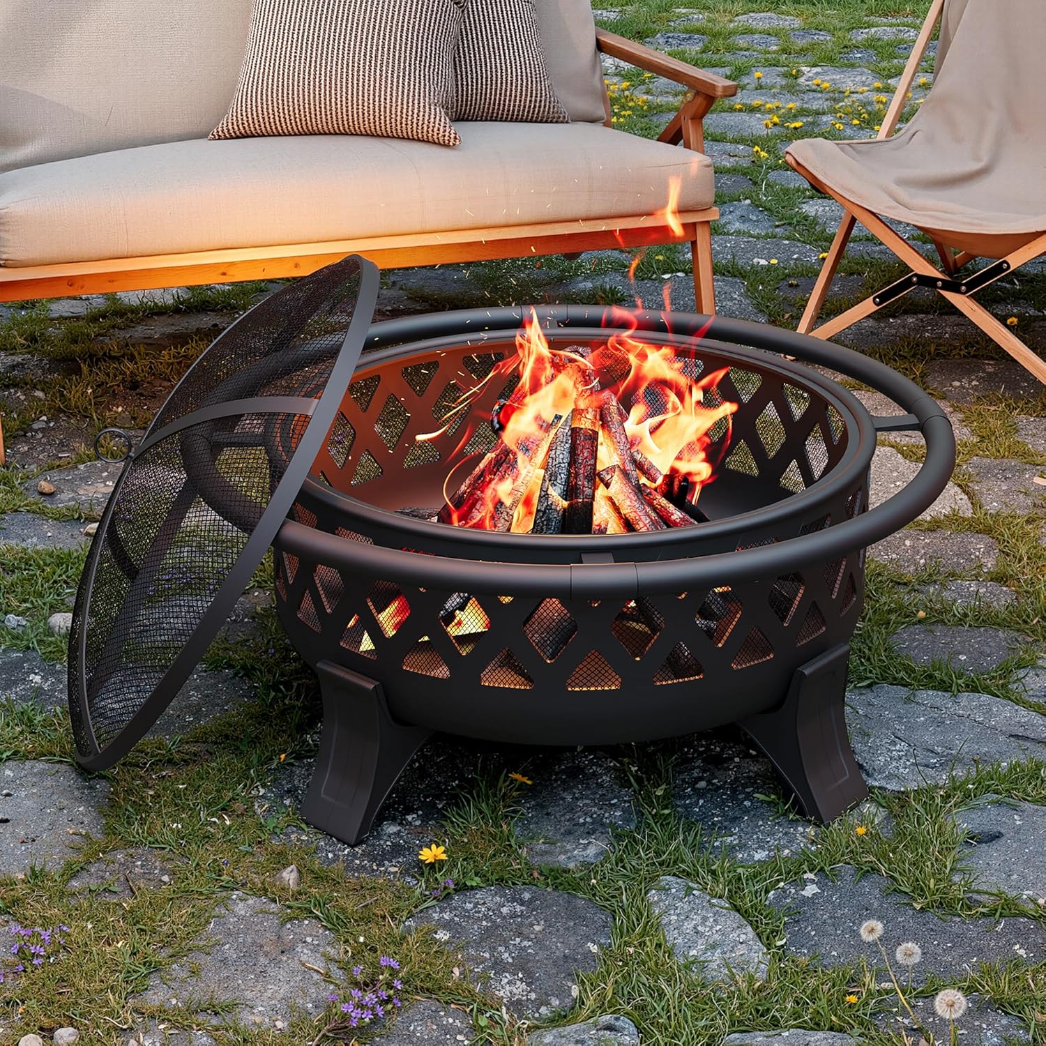 37 Inch Outdoor Fire Pit with Stoker Tool, Firepits for Outside with Spark Screen Cover, Wood Burning Fire Pit for Camping, Patio, Backyard