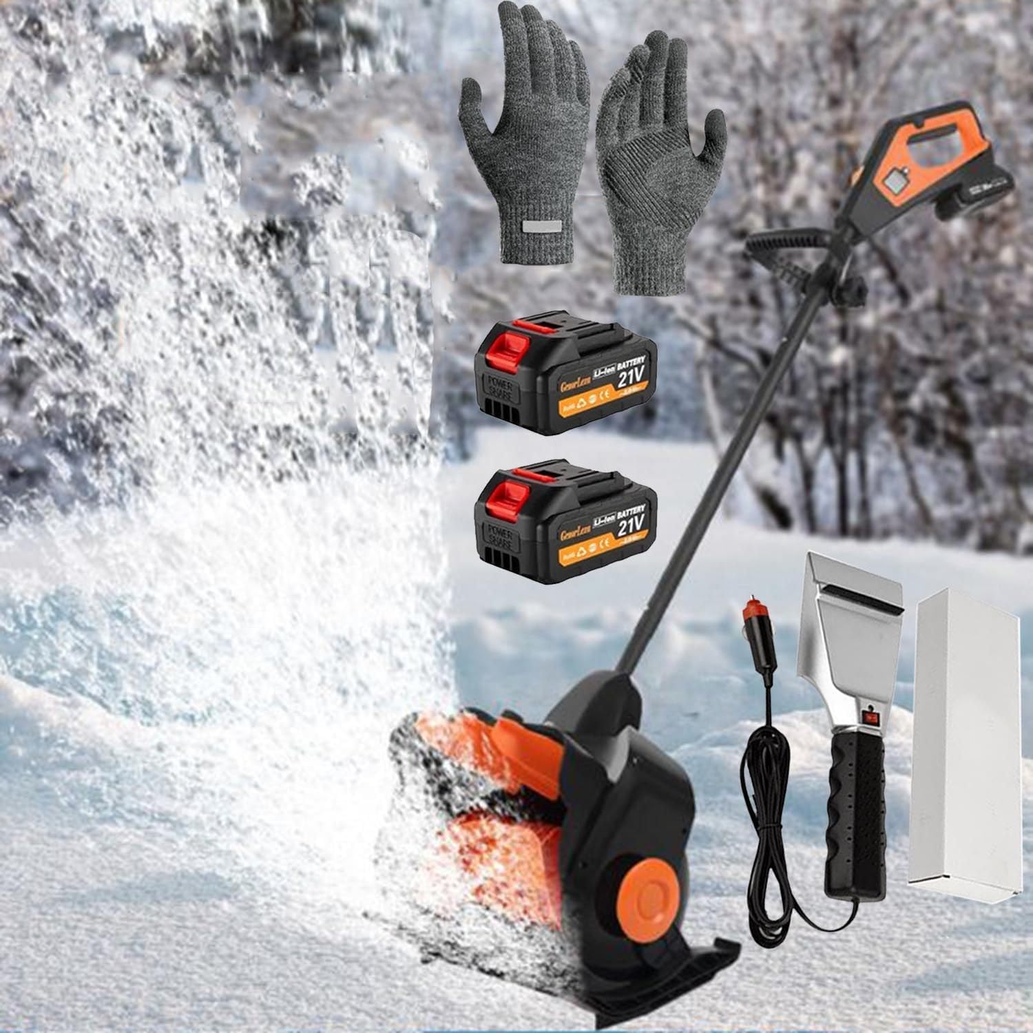 21v Rechargeable Cordless Electric Snow Blower/Shovel | Width 41cm, Depth 15cm, Throwing Distance 10m, Idle Speed 23,000rpm,3 Vitesses RéGlables | with Gloves + Mini Snow Shovel,Orange