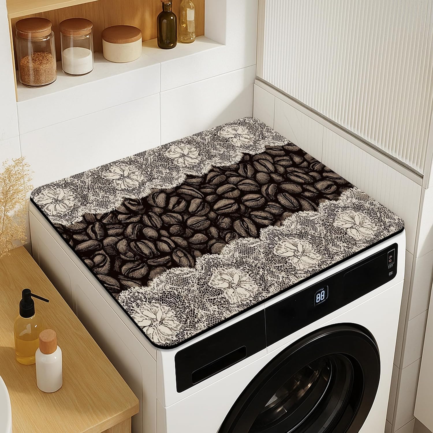 Coffee Beans Washer Dryer Top Protector Mat, Vintage Brown Floral Laundry Machine Dust Covers, Rustic Rubber Anti-slip Waterproof Washer And Dryer Mats for Home 20x24 Inch