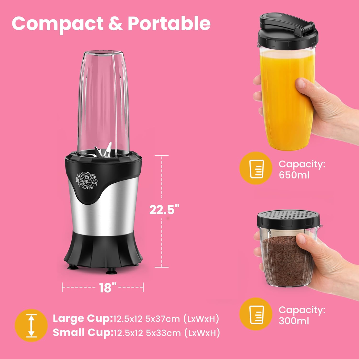 Suavo Smoothie Blender 1100W Portable Personal Blender for Shakes and Smoothies with 2 * 22Oz To-Go Cups & Lids, Includes Portable Coffee Grinder and 10Oz BPA-Free Travel Cup Countertop Mixer