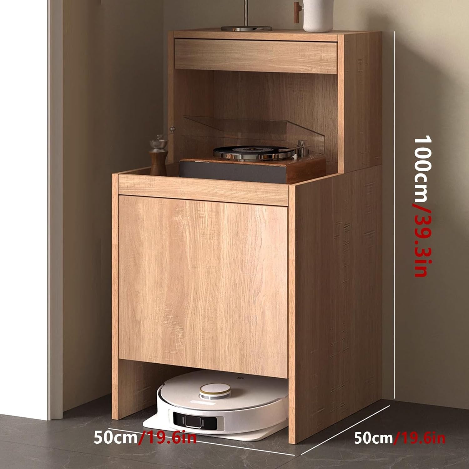 Robot Vacuum Cabinet Small Storage Cabinet with Drawers and Pull-Out Layer Modern end Table Multilayer Board Material Tabletop Can Bear 10kg 50 * 50 * 100CM(Natural)