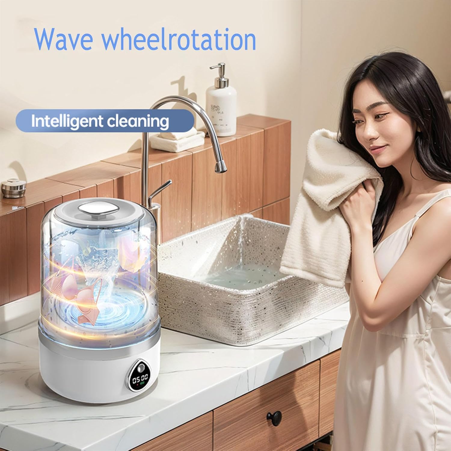 Small Washing Machine for Underwear 360° blue light disinfection 1.5L Portable Mini Washer USB Charging with 2 Modes for Home, Apartment, Camping, Travel, RV