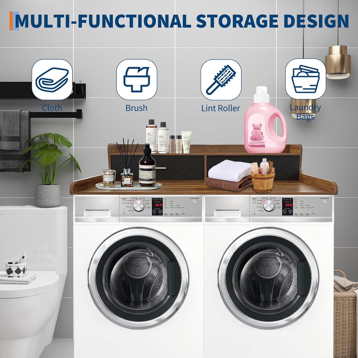 2 Drawers Washer Dryer Countertop with Shelf, 54