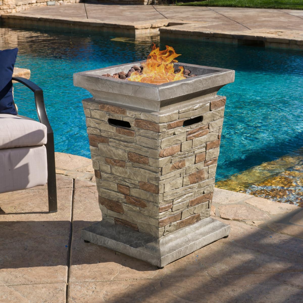 19.5-inch Natural Stone Finish Fire Column, 40,000 BTU Outdoor MGO Propane Fire Pit with Built-in Tank Space & Lava Rocks for Patio and Backyard