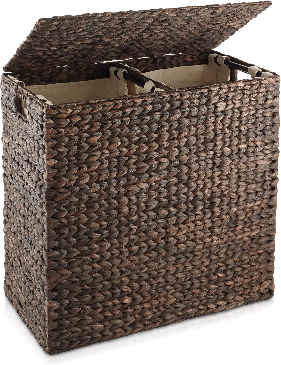 Casafield 2-Section Laundry Hamper with Removable Liner Bags - Espresso Dark Brown, Woven Water Hyacinth Double Laundry Basket Sorter for Clothes