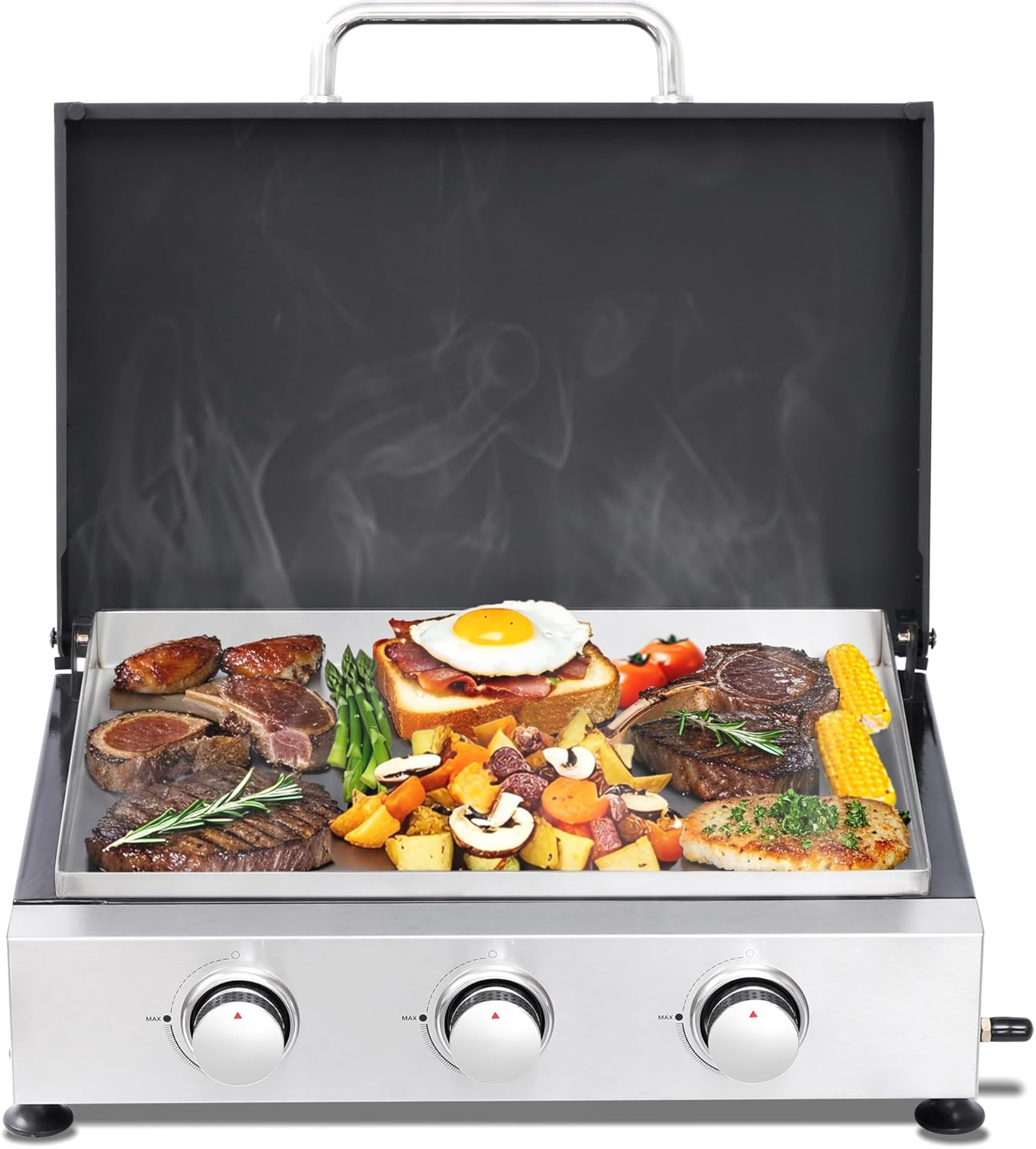 3-Burner Propane Gas BBQ Grill & Stainless Steel Plancha Combo, Portable for Camping & Backyard, with Regulator & Adapter, Cast Iron Grates, Enamel Body