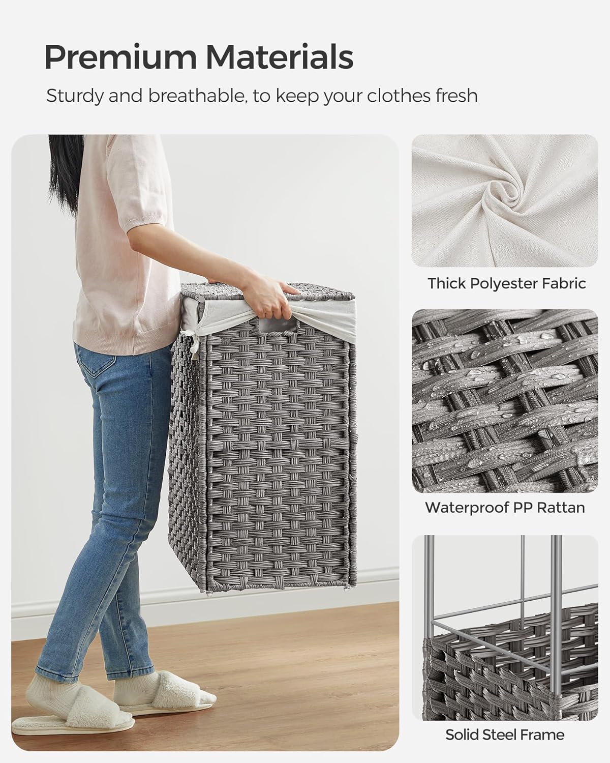 SONGMICS Laundry Hamper with Lid, 37 Gallons (140 L), Rolling Laundry Basket with Wheels, 3-Section Synthetic Rattan, Removable Liner, Bedroom, 26 x 13 x 26 Inches, Gray ULCB363G01