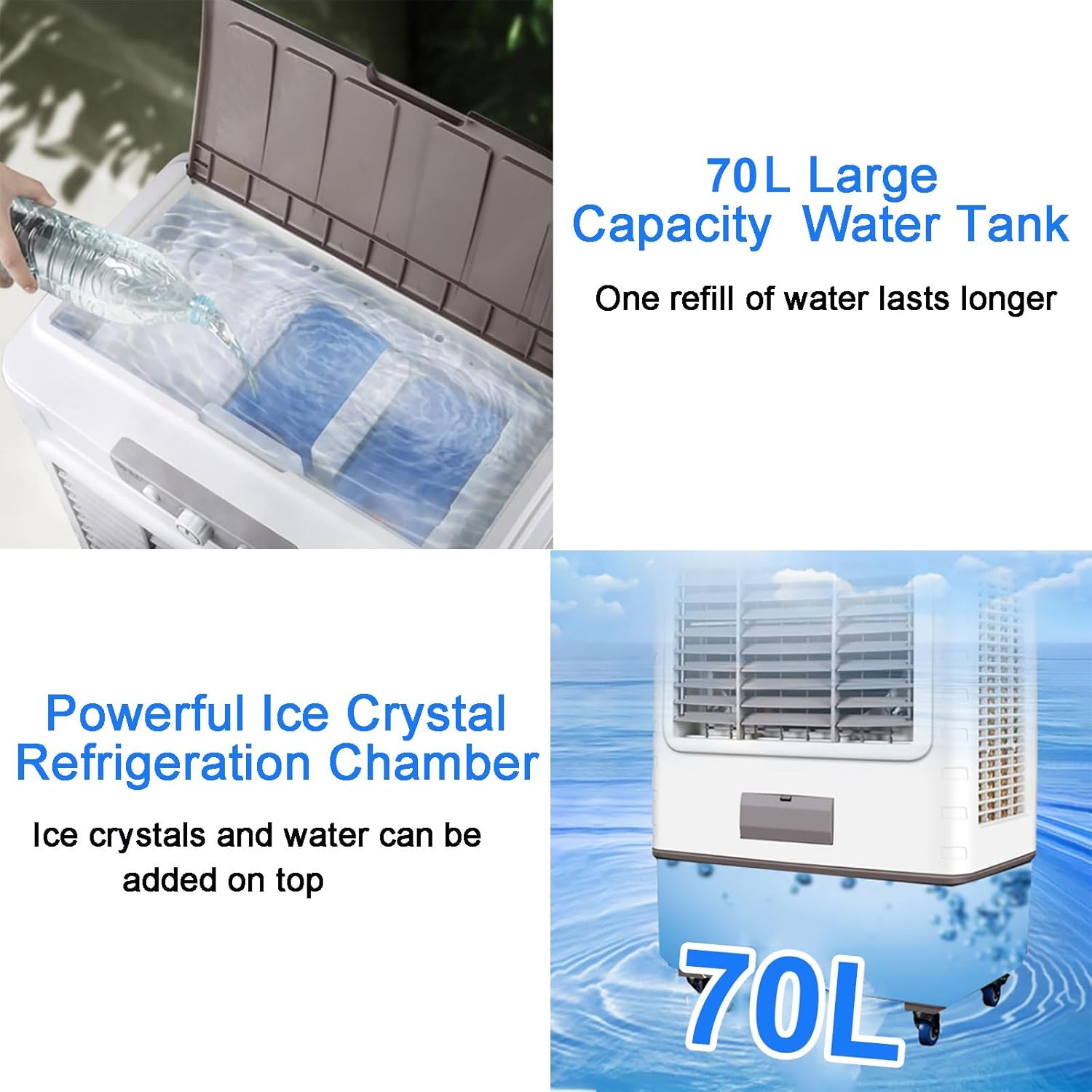 Evaporative Air Cooler, 10000 CFM Swamp Cooler, 6 Ice Packs & 70L/18 Gal Water Tank, Humidifying, 3 Wind Speeds, Evaporative Cooler for Outdoor Indoor Use