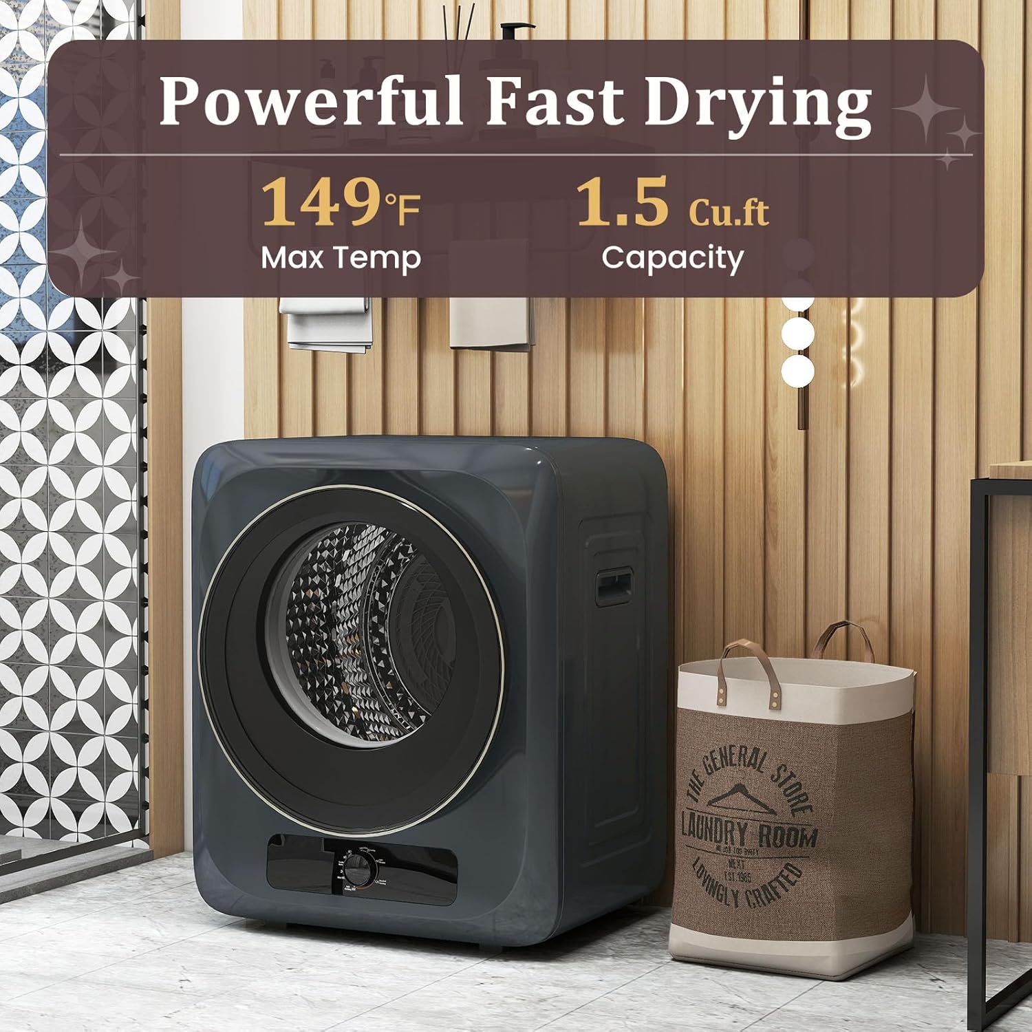 Auertech 1.5 Cu.Ft Portable Clothes Dryer, 850 W Front Load Electric Dryer Machine with Stainless Steel Drum, Simple Control Knob, Compact Tumble Dryer for Laundry Apartment, Dorm, RV, Grey