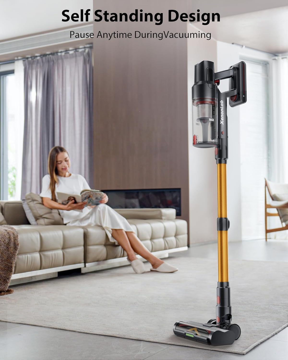 Cordless Vacuum Cleaner, 75Mins/48KPa/600W Self-Standing Stick Vacuum Cleaners for Home, Rechargeable, Lightweight, Anti-Static&Anti-Tangle Brush, for Hard Floor, Carpet, Hardwoods, Pet Hair