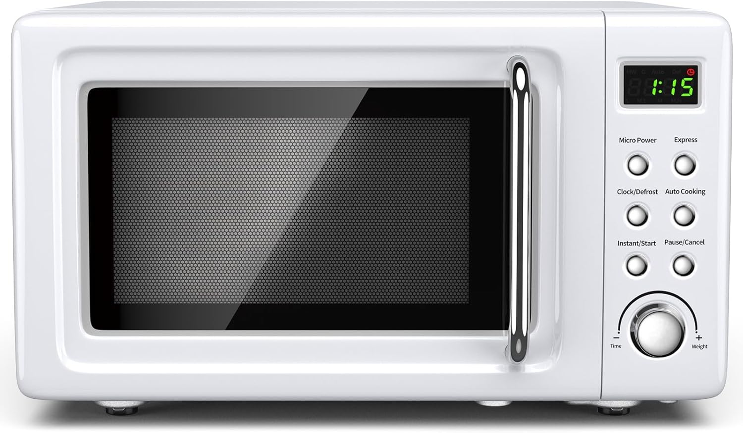 Retro Countertop Microwave Oven, Large 0.7Cu.ft, 700-Watt, Cold Rolled Steel Countertop with Time Setting, Glass Turntable Plate, Pre-Programmed Cooking Settings, LED Display, Child Lock (White)
