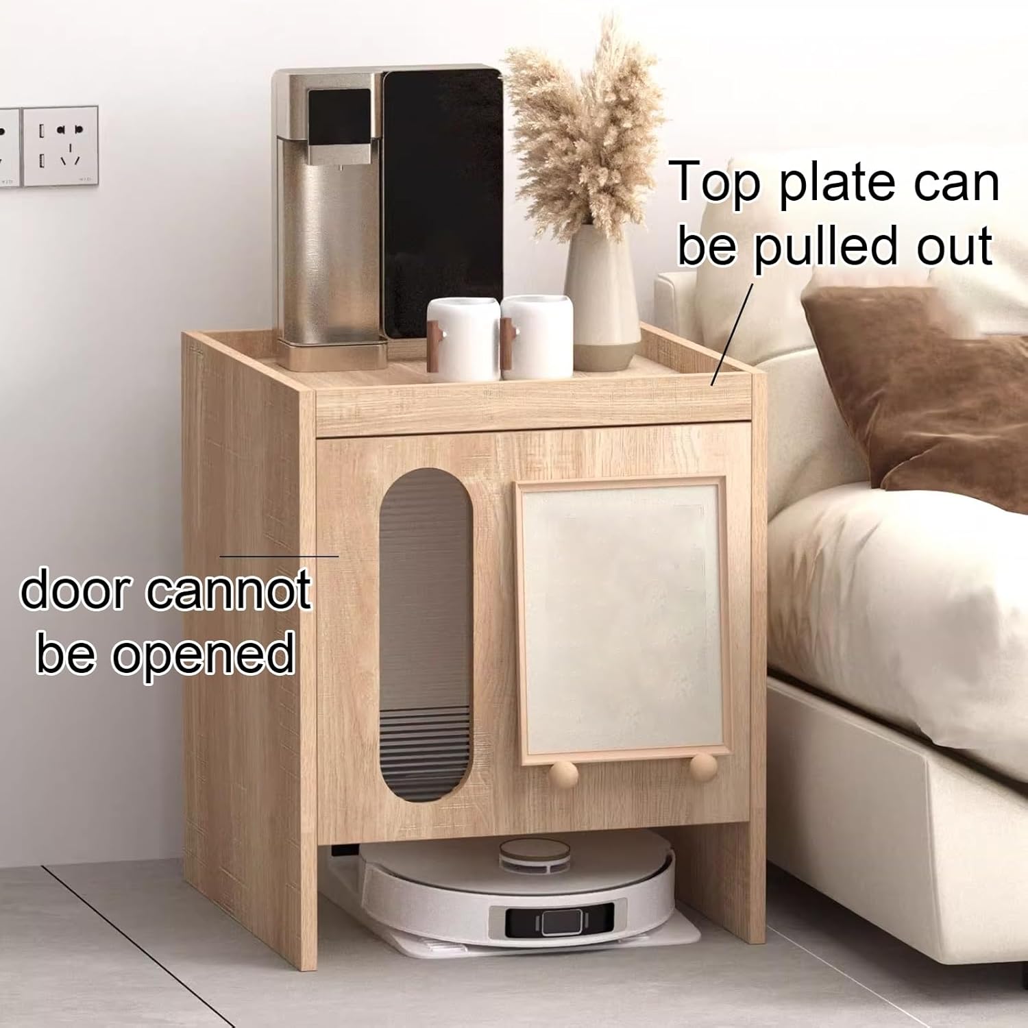 Sweeping Robot Storage Rack Wooden Modern Hiding Robot Vacuum Cabinet Pull-Out Top Panels Small Spaces Bedside Table for Home Office Bedroom 50 * 50 * 60cm(Natural)