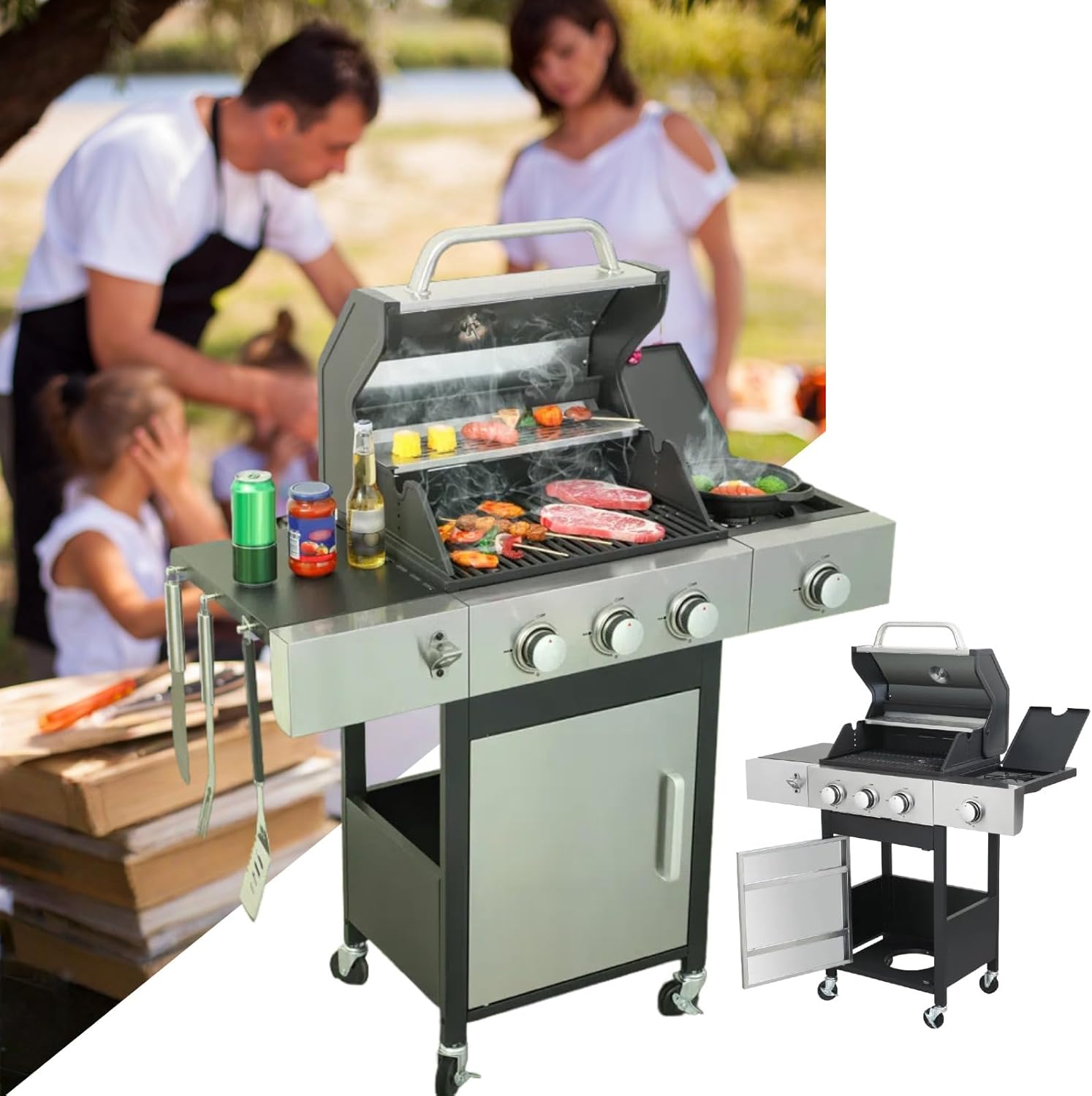 3-Burner Propane Gas BBQ Grill with Side Burner, 37230BTU Outdoor Barbecue Grill, Enameled Cast Iron Cooking Grids & Stainless Steel, Black+Silver, for Garden Patio Backyard