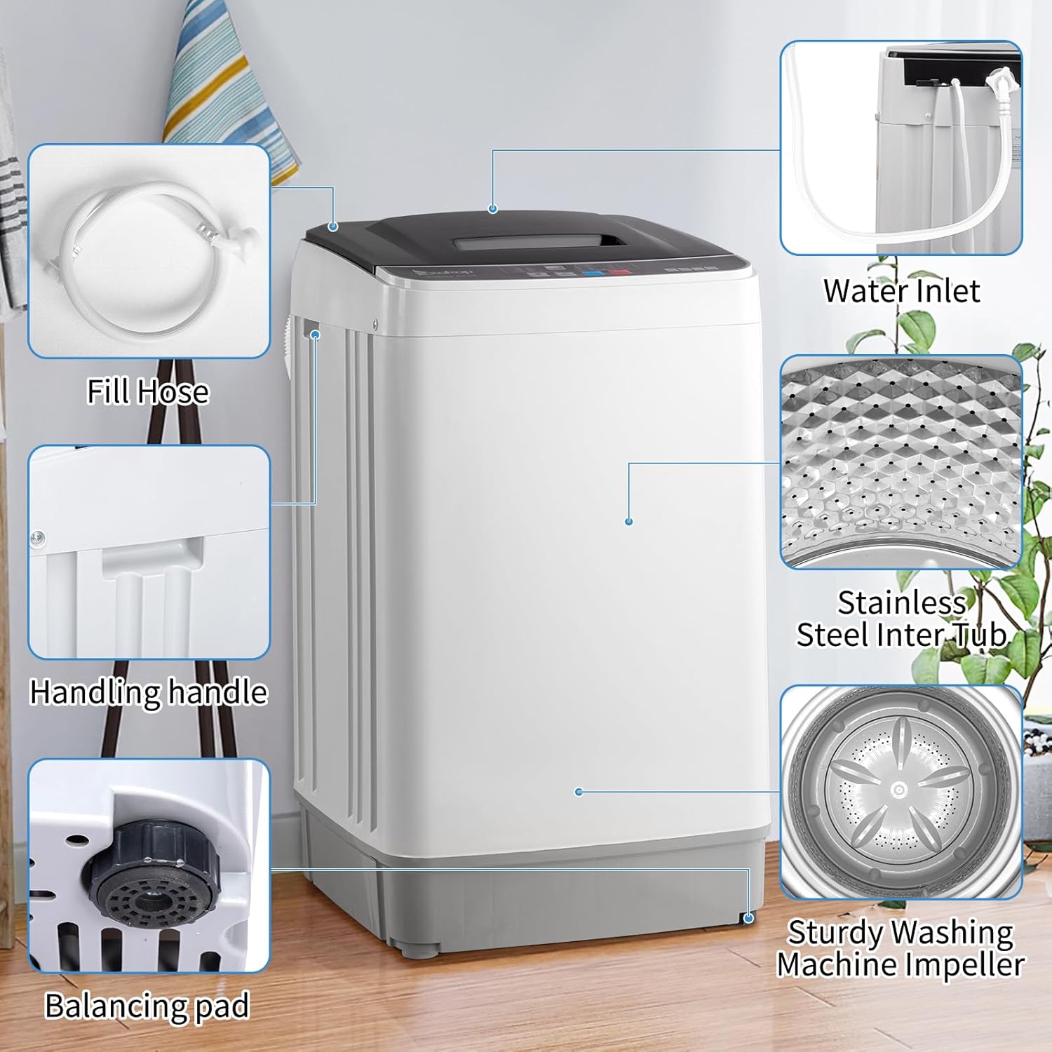 Winado Full Automatic Washing Machine, 17.6Lbs Top Load Portable Washer with Drain Pump, 10 Wash Programs 8 Water 2 in 1 Washer and Dryer for Apartments, RV, Camping