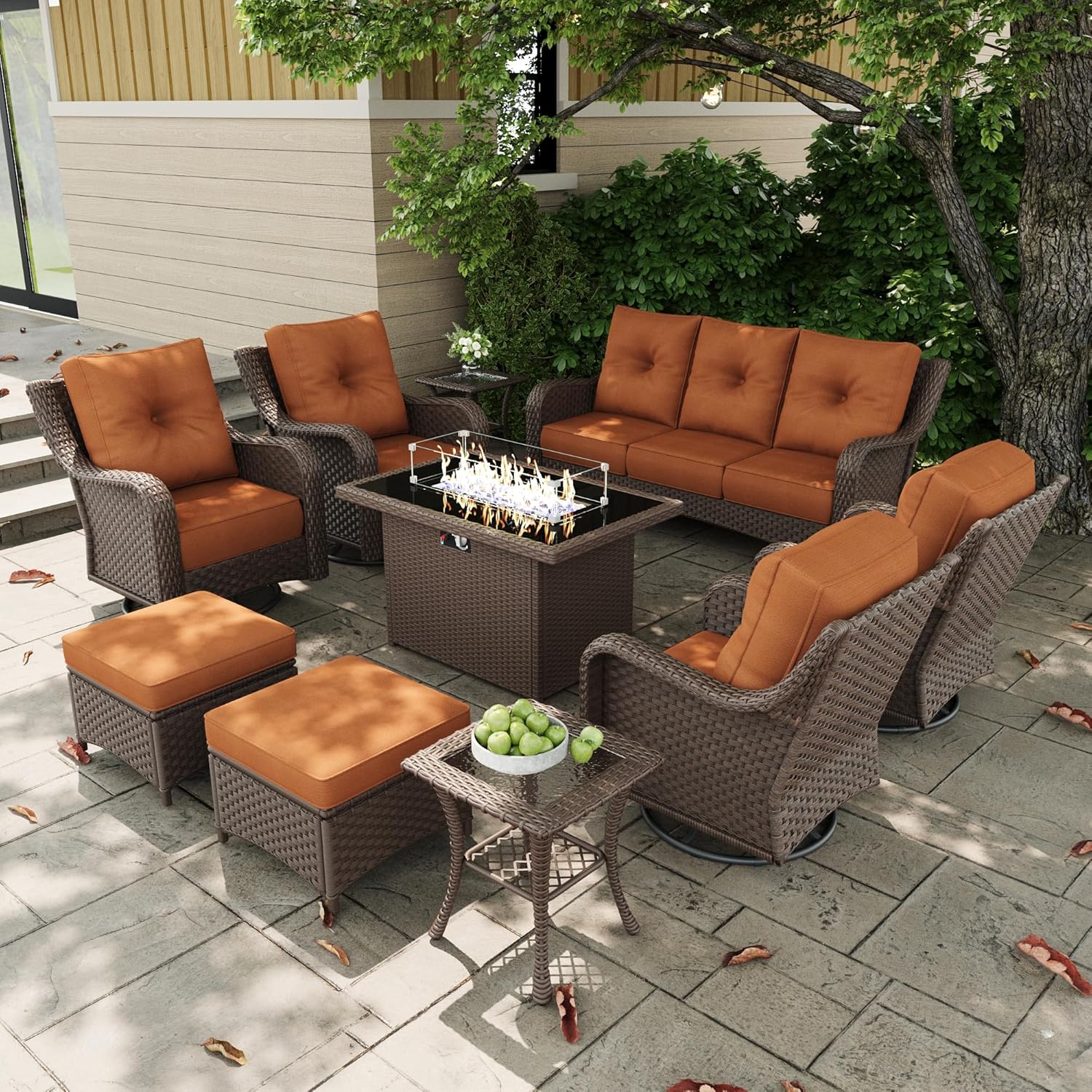 10 Pieces Outdoor Patio Furniture Sets with Rocking Swivel Chairs with 6-inch Thick Cushion and Fire Pit Table for Deck Lawn